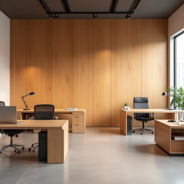 Timber office desks and wall panels